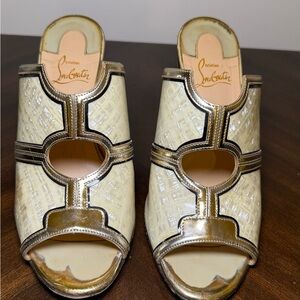 Christian Louboutin Gold and Cream Mules with Geometric Cutouts